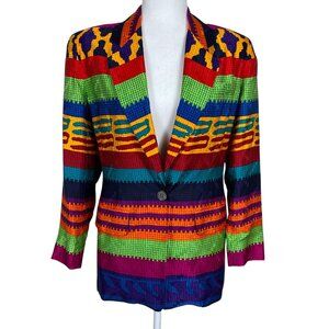 Vintage Anne Klein Blazer Career Womens 100% Silk Colorful Artsy Striped Small